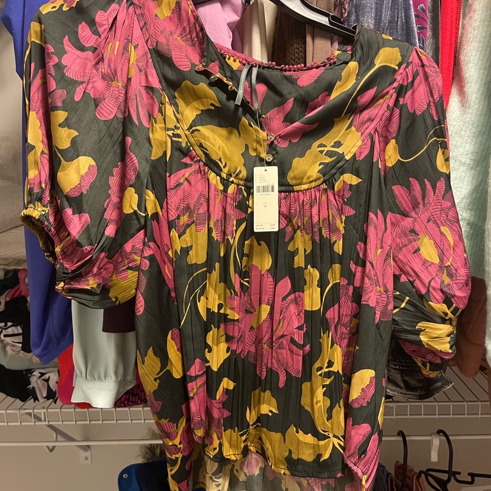 Anthropologie blouse with floral purple and gold print. New with tags!
